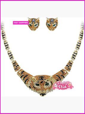 Austrian Crystal Enamel Big Tiger Head Necklace Stud Earrings Set